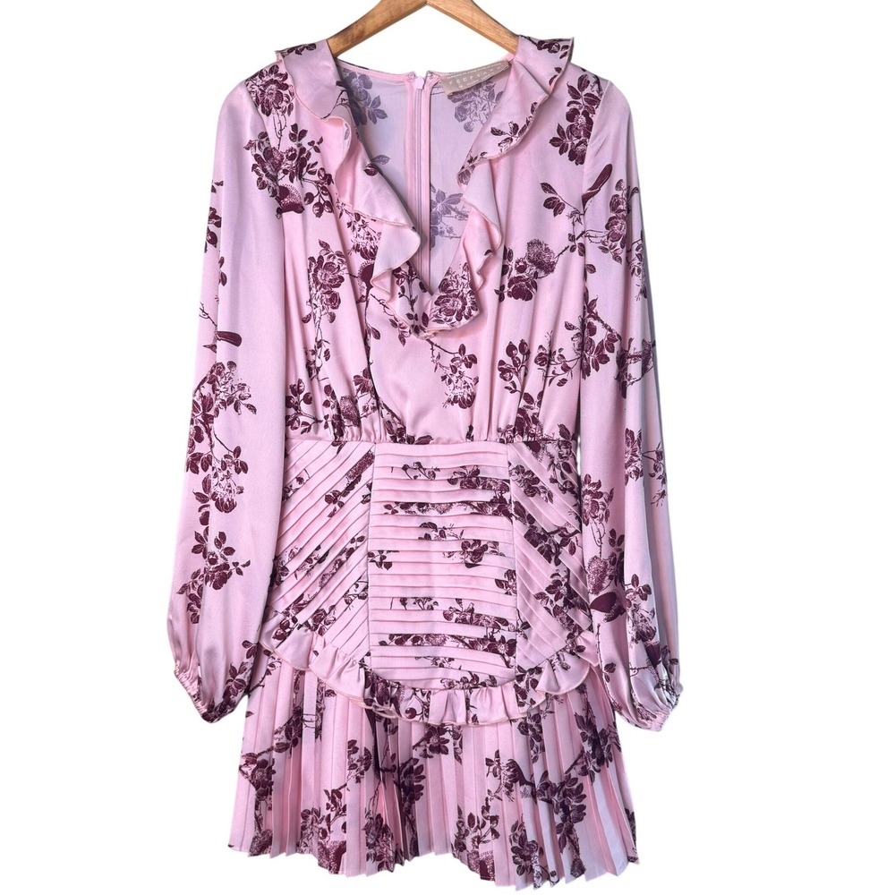 Keepsake The Label Pink Floral Bird‎ Print Pleated Ruffle Mini Dress XS US 2